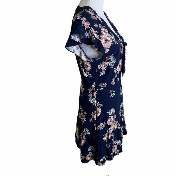 Cupcakes and Cashmere Navy Floral Neck Tie Ruffle Cap Sleeve Mini Dress Womens 6 - Picture 5 of 10